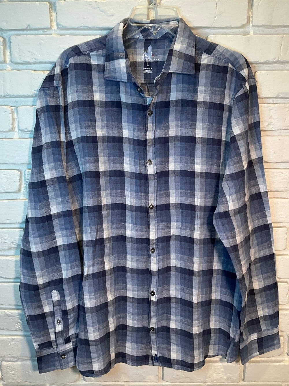 Johnnie-O Shirt Men Large Blue Plaid Featherweight Cotton Linen Button Up‎ L/S